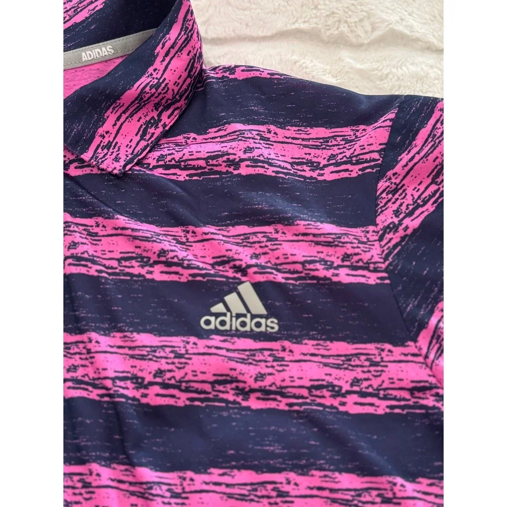 Adidas Golf Polo Shirt XL Pink Navy Striped Performance Short Sleeve Mens